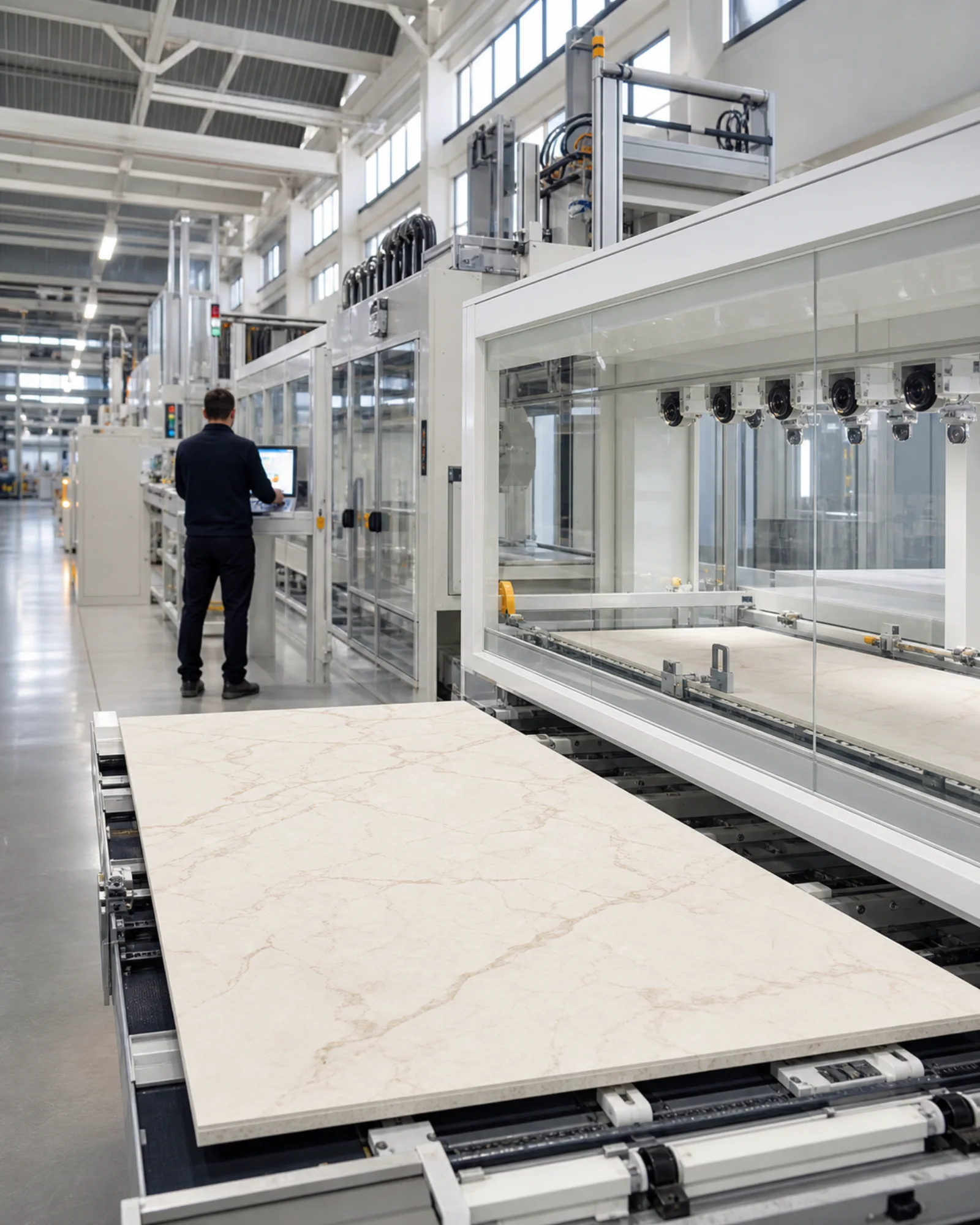 Large-format porcelain slab on a press line in a tile factory
